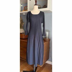 KI Meng Pleated Pleats Midi Maxi Dress Crinkle Gray/Blue O/S Lagenlook Art
